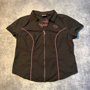 Harley Davidson Womens Black Pink Trim Short Sleeve Zip Front Shirt Top 1W